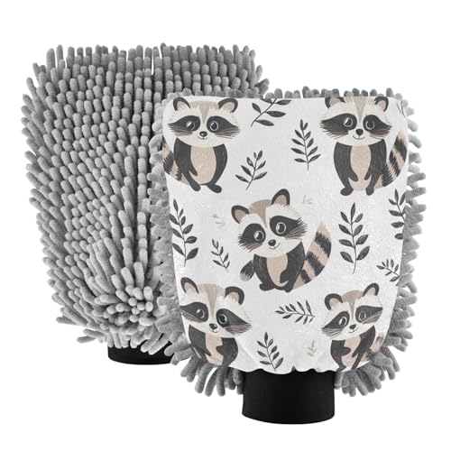 STAYTOP Cute Cartoon Raccoon Car Wash Mitt Microfiber, 2Pcs Scratch Free Lint-Free, Premium Chenille Microfiber Mitt Car Wash Brush-L