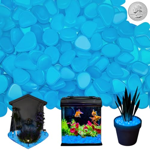 Image of NAMTSO Blue Glow in the Dark Rocks Outdoor Garden Decor, 500 pcs, 2.3 lbs | Large 0.6 inch-1.1 inch /pc, Resin Glowing Pebbles, Luminous Stones for Landscaping, Patio, Backyard, Lawn, Aquarium & Fish Tank Decor