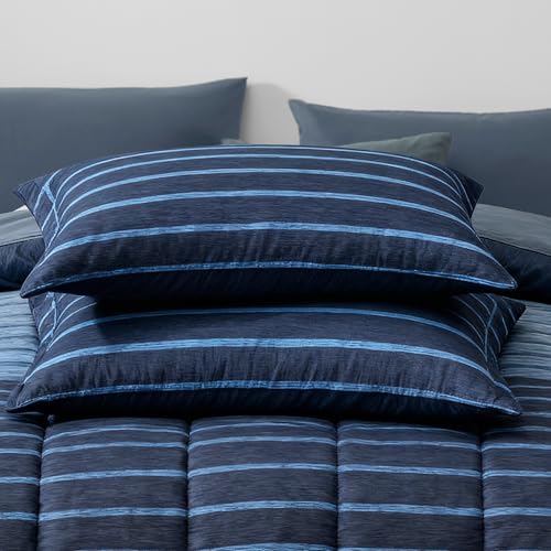 Image of Monbix Queen Comforter Set - 7 Pieces Bed in a Bag Queen, Navy Blue-Stripe Bedding Sets, All Seasons Comforter Bed Set with Sheets, Pillowcases & Shams