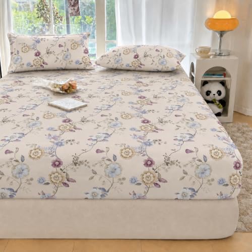 Image of EVERLUSH King Size (60x78) 300 TC Soft Cotton Feel Microfiber All Around Elastic Fitted Double Queen Bedsheet with 2 Pillow Covers | Vintage Floral