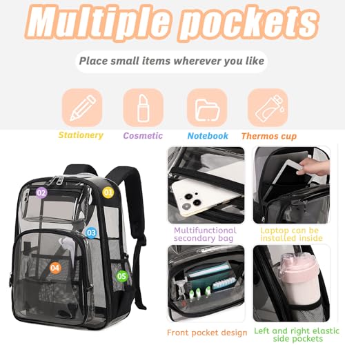 Clear Backpack for School, Heavy Duty & Waterproof Transparent Bag for Stadium Events, Concert, Sports Games, See-Through Bookbag with Pencil Case, Black2