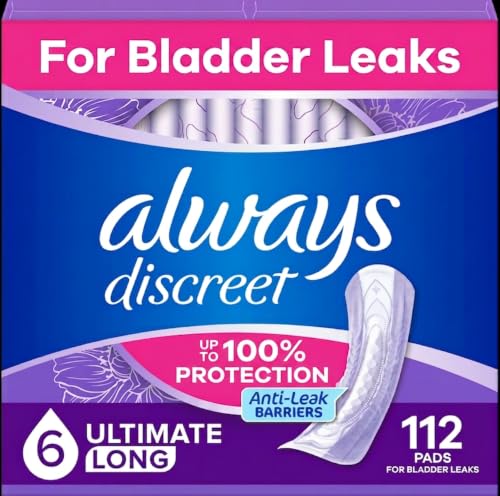 Always Discreet Adult Incontinence Pads for Women Drier 6 Drop Long Length Extra Heavy Absorbency Pads for Bladder Control Management Bladder Leaks & Postpartum Pads 112ct