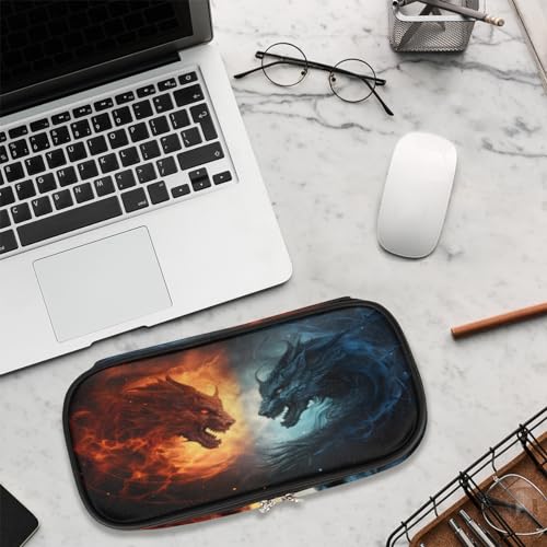 Image of Fiery Dragon Leather Pencil Case Pen Holder Large Capacity Black Stationery Organizer Pencil Bag with Zipper for Boys Girls Ice Dragon Kids Pencil Pouch Storage Box for School College Office
