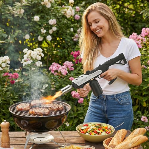 Image of Propane Torch Gun, Detachable & Adjustable Flame Thrower Gun, 1800℃ Heavy Duty Blow Torch for BBQ, Searing Steak, Campfire Starter, Ice Melting and Soldering, Sliver (Tank Not Included)