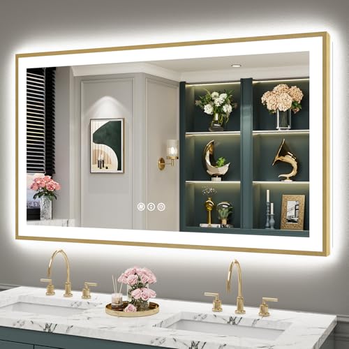Image of 55x30 Gold LED Bathroom Mirror with Lights, Backlit & Front Lit | Brushed Gold Framed, Anti-Fog Lighted Vanity Mirror, Dimmable, 3-Color Temp, Memory, CRI95, HD Tempered Glass, UL Listed