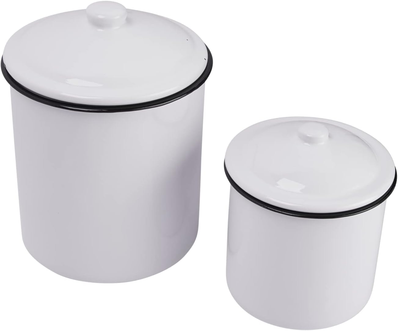 Creative Co-Op Farmhouse Enameled Metal Canisters with Lids, White and Black, Set of 2 Sizes