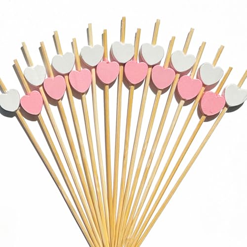 Cocktail Picks,100 PCS Pink Heart White Heart Toothpicks for Appetizers, 4.7 inch Long Bamboo Fruit Sticks Food Sandwich Charcuterie Skewers for Wedding Valentines Decoration Party Supplies