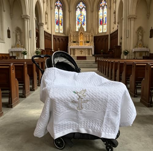 Image of Baptism Blanket Christening Gifts for Girl Boys Soft White Knitted Shawl Receiving Crochet White Baby Blankets Towel for Neutral Newborns Toddler