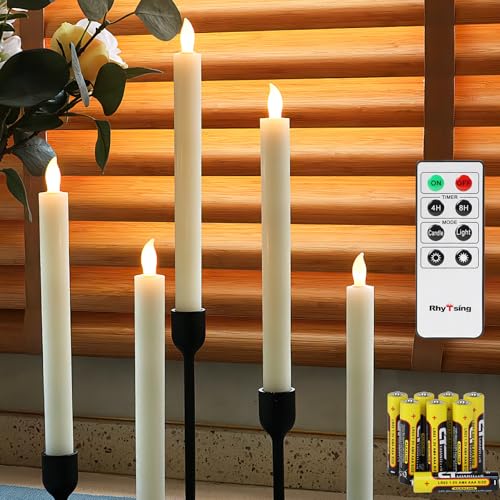 Rhytsing Set of 5 Ivory Battery Operated Taper Candles with Remote LED Dinner Candle Distressed Wax Finished Push Button Warm White Light Batteries Included