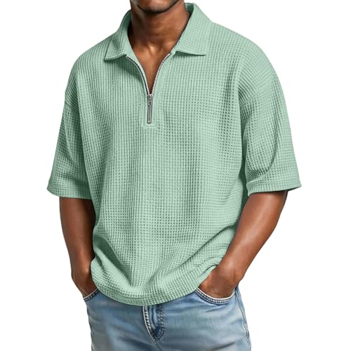 Polo de manga corta para hombre, tejido gofre, con cremallera, camiseta de golf elástica, camiseta de verano, casual, ajustada, camiseta Henley de ajuste regular, camisetas de trabajo sólidas para