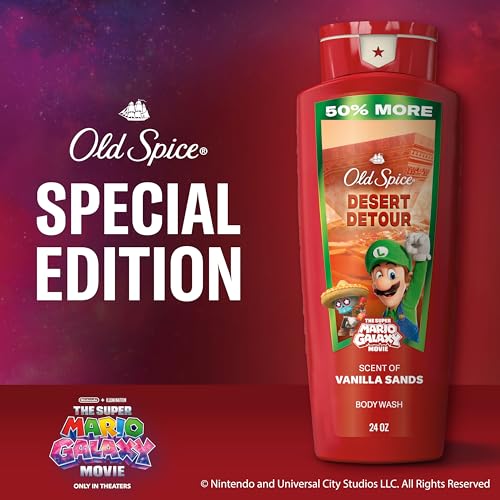 Image of Old Spice Body Wash for Men, x The Super Mario Galaxy Movie, 3X Defense, 24 /7 Shower Fresh with Long Lasting Scent, Smell Super with Desert Detour, Vanilla Sands Scent, 24 oz