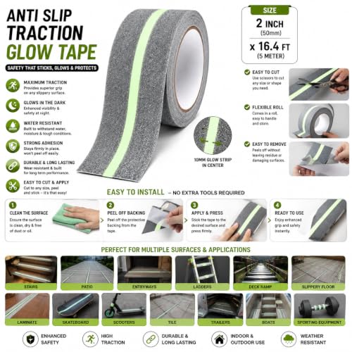 Image of Non Slip Safety Tape with Glow in The Dark, 2 Inch x 16.4 FT Anti Slip Stair Grip Tape, Centre Glow Strip, Heavy Duty Waterproof Non Skid Traction Tape for Stairs, Steps, Ramps & Outdoor Use