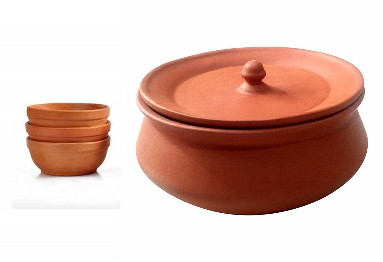 Shriyam Crafts Clay Curd Pot Dahi Handi/Dal Handi/Mitti With Clay Vegetables Bawl (Curd 800Ml With 2 Bawl) - Brown