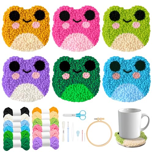 Image of WATINC Frog Punch Needle Coaster Kit - 22Pcs Crafts Punch Needle Coasters Kits for Beginners, Frog Patterns Coaster Tufted Rug Pads with Adhesive Felt Yarns Embroidery Hoop Instruction