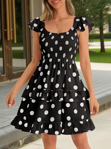 Image of Women Summer Dresses Casual Boho Smocked Ruffle Sun Beach Babydoll Mini Dress Layered Flowy Swing Dress