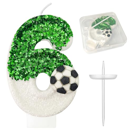 JonesLi Birthday Candles，Soccer Birthday Decorations，Soccer Cake Topper,for Girl and boy Cake Toppers, Wedding Cakes, Anniversaries, Party Celebrations, Birthday Decorations (Green White, Number 6)