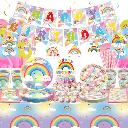Obussgar Rainbow Birthday Party Decorations - Rainbow Party Supplies including Banner, Plate, Cake Topper, Cup, Napkin, Balloon, Tablecloth - Serves 20
