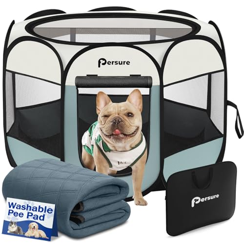 Image of Dog Cat Playpen Indoor Outdoor for Puppy Pet Dog Cat Recovery After Surgery | Dog Tent Crates Cage Indoor /Outdoor, Portable Pop Up Kennel with Carrying Case for Travel (Grey with Pad, Large)