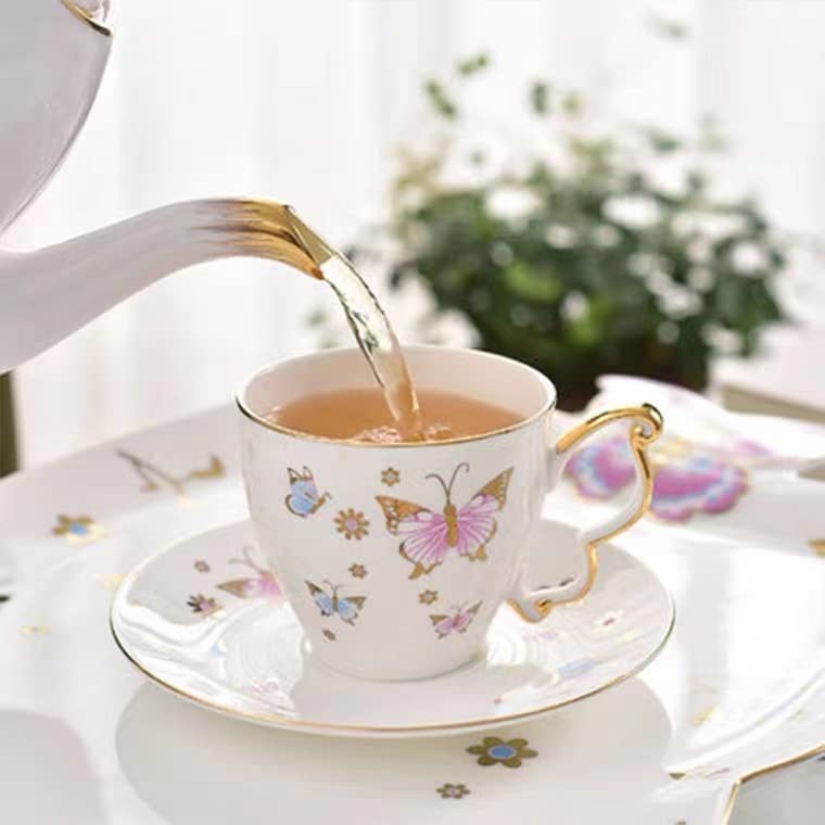 Juego de taza de té y café de 192.8 g, 21 piezas, taza de té en relieve esmaltada de colores blancos con platillo a juego, porcelana fina de hueso, servicio para 6 pulgadas