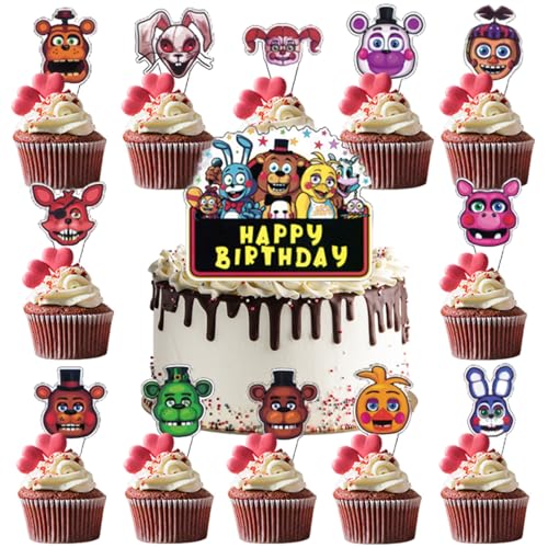 25Pcs FNAF Cake Topper, Includes 1 Happy Birthday Cake Toppers and 24 Cupcake Toppers for Birthday Party and 5 Nights Themed Party Dessert Decorations.