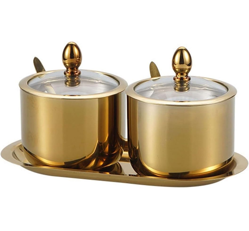 AZHKJKZH Seasoning Box Set Stainless Steel Spice Jar Set Seasoning Condiment Container Pot For Sugar Salt Sugar Jar(Gold,2Pieces)