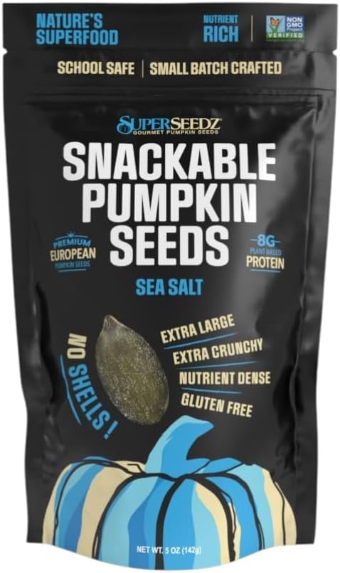 SuperSeedz Dry Roasted Pumpkin Seeds with Sea Salt – 8g Protein, Non-GMO Gluten-Free, Keto Snacks – Nut Free & School Friendly Organic Pumpkin Seeds – 5oz Bag Large European No Shell Pepitas
