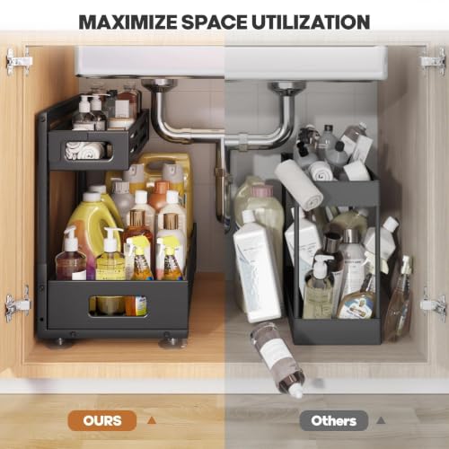 Image of 2 Pack 19IN-Depth Under Sink Organizer,Pull Out Cabinet Organizer With Smooth Cylindrical Rail,Metal Slide Out Drawer for Kitchen Bathroom Laundry,8-Level Tool Free Height Adjustable-Black