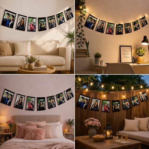 Image of Velunza Graduation Photo Banner with Hanging Rope, Congrats Grad Party Decoration, DIY Picture Display Garland for College School Graduation Celebration, Wall Hanging Memory Banner Kit