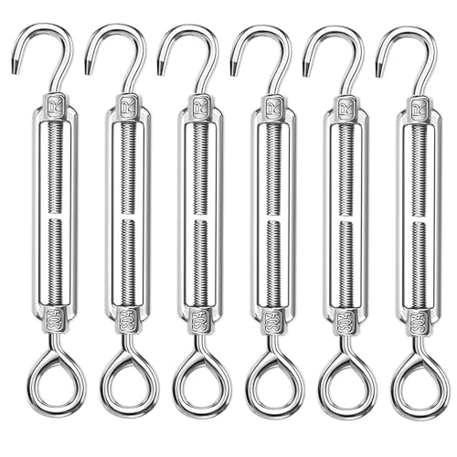 ANOMM 6PCS M6 Turnbuckle Wire Tensioner, 304 Stainless Steel Adjustable Turnbuckle Hook, Eye Rope Cable Tension, Heavy Duty Sun Shade Sail Fixing for Rope Tightener, Garden Wire, ClotheslineTensioner