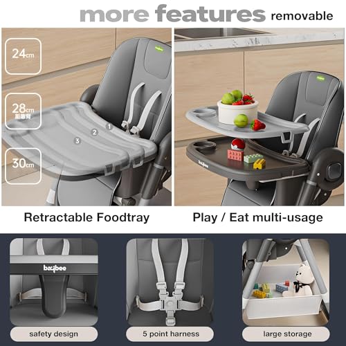 Image of Baybee 3 in 1 Baby High Chair for Kids, Baby Feeding Chair with 8 Height Adjustable, Footrest, Tray, 160 Recline, 5 Point Safety Belt & Wheels | Kids High Chair for Baby 0 Months to 6 Years