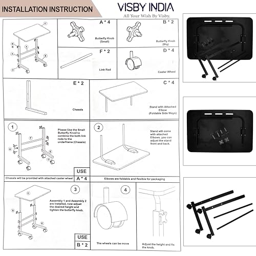 Image of VISBY INDIA Wooden Multipurpose Adjustable Height Table with Wheels for Work from Home, Study, Office and Bedroom (A1)