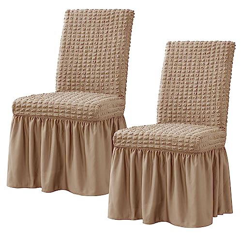 2 Pcs Stretchy Dining Room Chair Covers with Long Skirt, Removable Washable Universal Anti-Dirty Parsons Slipcovers for Home Kitchen Party (2, Oatmeal)