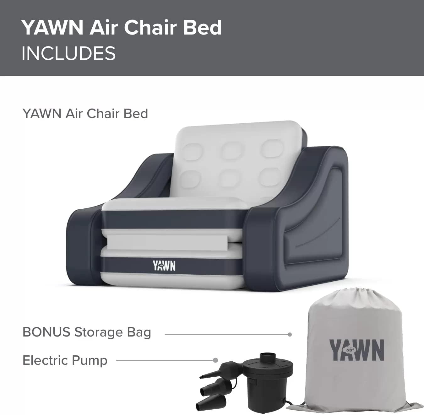 YAWN AIR Inflatable Chair Bed with Electric Pump - Converts into a Single Bed Mattress - Integrated Headboard & Anti-Roll Arms - Arm Chair - Great for Camping - Bonus Storage Bag Included