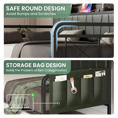 Image of LIKIMIO Twin Daybed, Day Bed with Trundle, Storage Upholstered Headboard and Charging Station, Trundle Bed with Strong Supports for Living Room, Bedroom, and Guest Room, Dark Green
