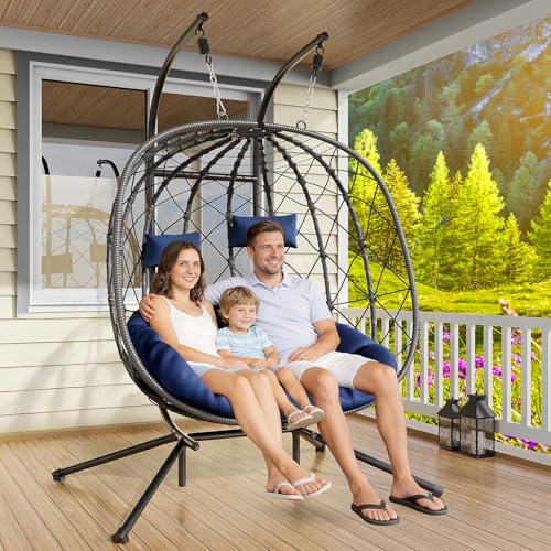 LEVELEVE Double Egg Swing Chair with Stand - 2 Person Outdoor Patio Hanging Wicker Hammock Chair with Cushion Dark Blue for Garden Lawn Bedroom Indoor/Outdoor Use