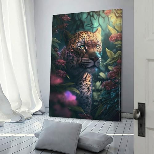Décoration murale motif léopard fleurs tableau jungle toile chambre 30x45