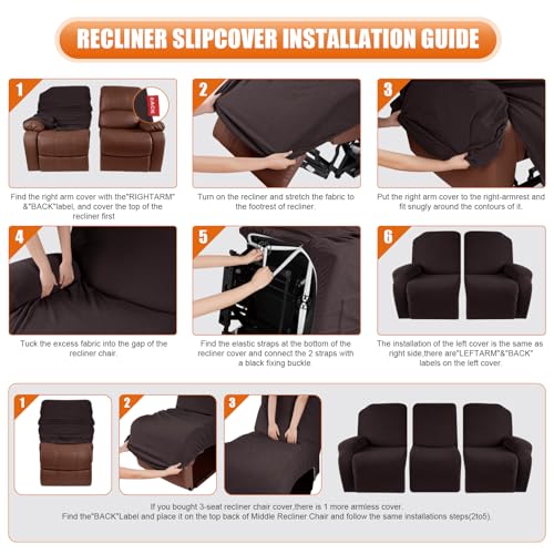 Image of VANSOFY Recliner Sofa Covers, 3-Pieces Stretch Reclining Couch Covers with Pockets Reclining Couch Slipcovers 3 Seater Soft Washable Furniture Protector for Dogs Cats(Chocolate)