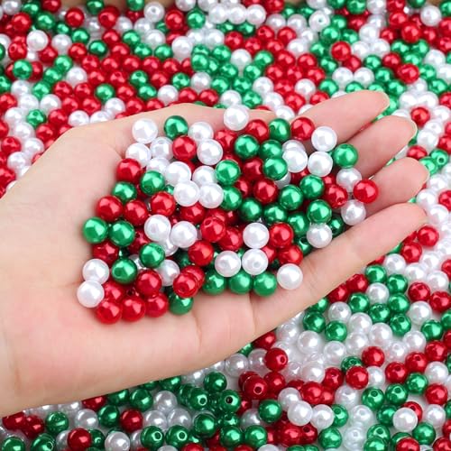 DUQGUHO Cuentas de Navidad de 8 mm para hacer joyas, cuentas rojas, verdes y blancas, kit de decoración de fiesta de Navidad, perlas de plástico para manualidades, 500 unidades