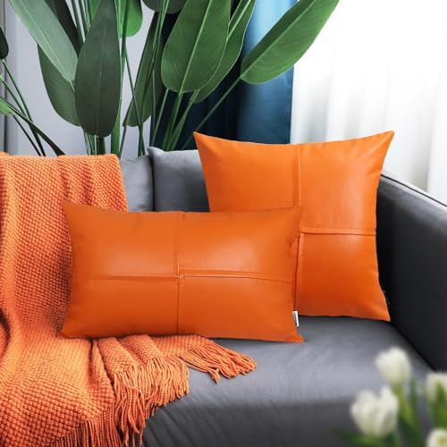 Image of BRAWARM Faux Leather Throw Pillow Covers 16 X 16 Inches, Orange Leather Pillow Covers Pack of 2, Hand Stitched Leather Decorative Throw Pillows for Couch Sofa Bed Living Room Home Garden
