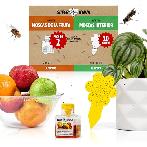 Super Ninja Pegatinas Amarillas y Trampa para Moscas de la Fruta, 10 Pegatinas Amarillas y 2 trampas para Moscas de la Fruta, Lucha contra Las Moscas de la Fruta, fácil de Usar