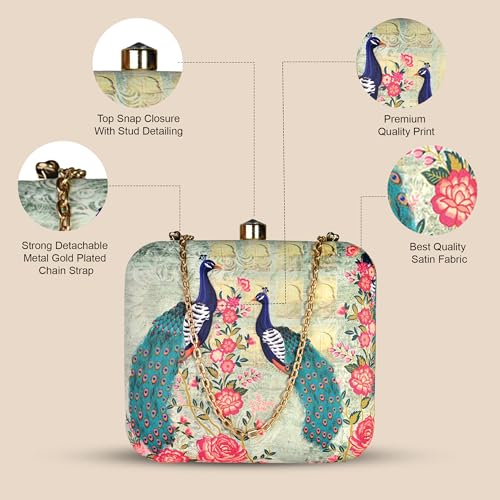 Image of Artklim Multicolour Printed Trendy Box Clutch for Women & Girls - Hard Case Sling Purse - Casual & Brunch Handbag with Detachable Chain Strap - Gift for Woman