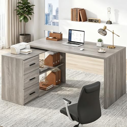 HSH Schreibtisch L Form Eckschreibtisch mit Stauraum Modern Computertisch mit Schubladen für Homeoffice Bürotisch Schreibtisch Grau Eiche 140 cm