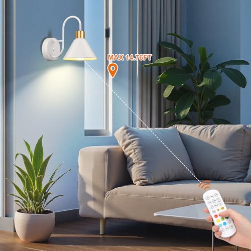 Image of Frideko Rechargeable Battery Operated Wall Sconces Set of Two with Remote, RGB 15 Colors Dimmable White Wall Light, Indoor Battery Powered Wireless Sconce with 4 Timer for Living Room Bedroom