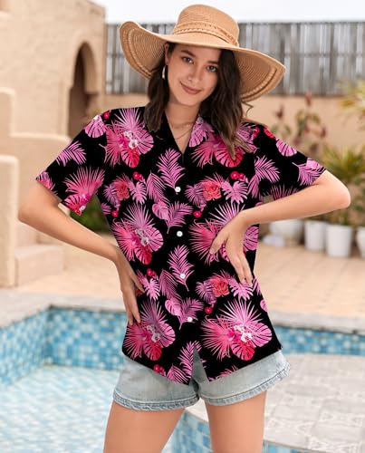 Image of SANGTREE Girls & Women's Hawaiian Shirts Button Down Short Sleeve Floral Tropical Shirt Beach Vacation Blouse Tops