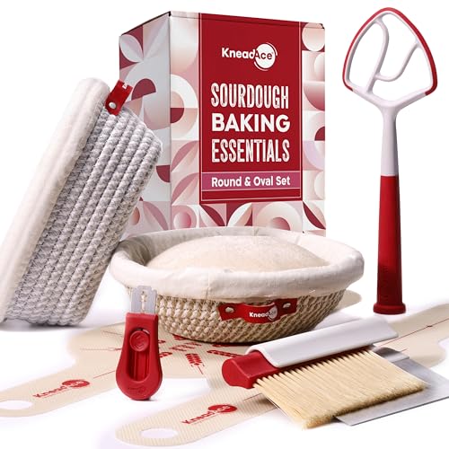 KneadAce Sourdough Kit, Sourdough essentials tools including round & oval proofing basket, round & oval bread sling, bread lame, bench scraper and baker's brush set and dough wand