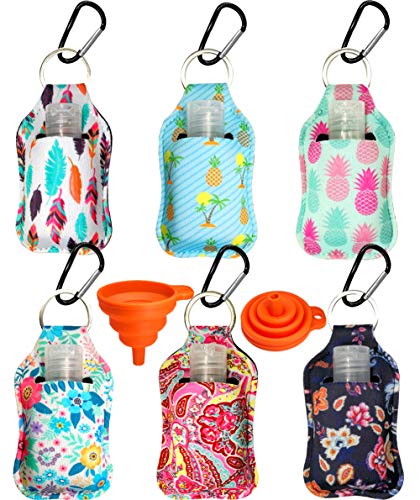 6 Pack Travel Size Bottles Hand Sanitizer Keychain Holder, 30ml Leakproof Refillable Travel Containers for Soap, Lotion (Floral-1)