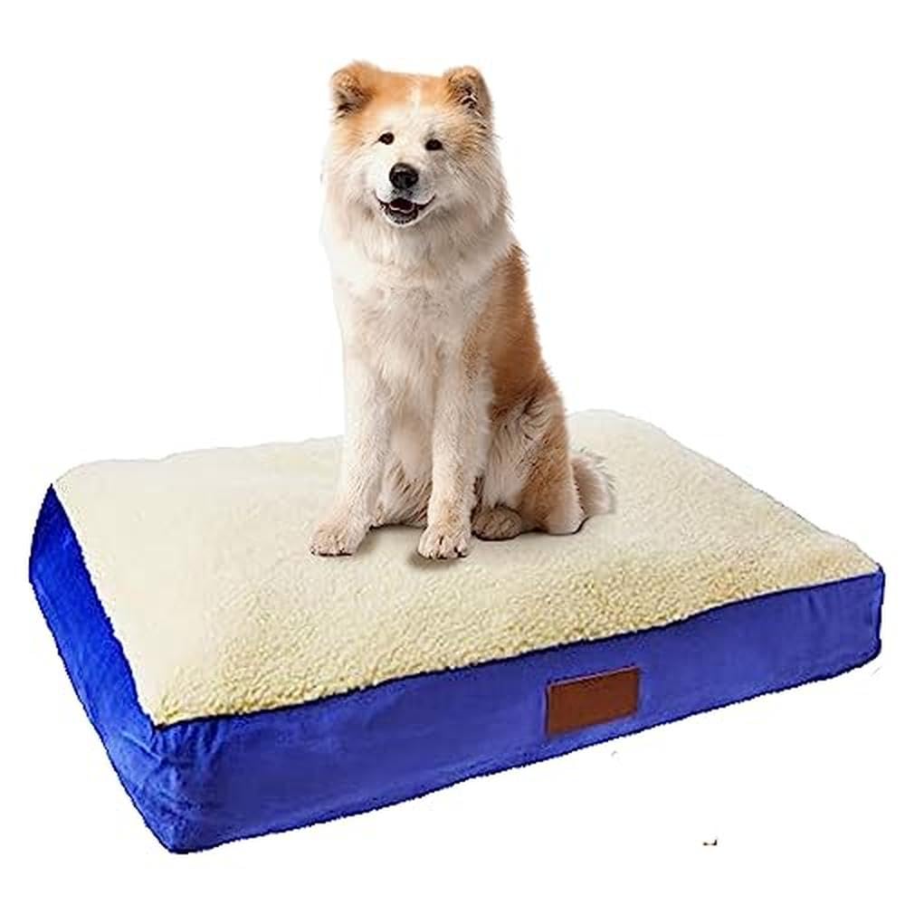 Ellie-Bo Orthopädisches Hundebett mit Memory-Schaum, mit Schutzbezug aus Kunst-Wildleder und Schaffell in Blau und Weiß, Größe M, 71 x 48 x 6 cm, für den 76-cm-Hundekäfig