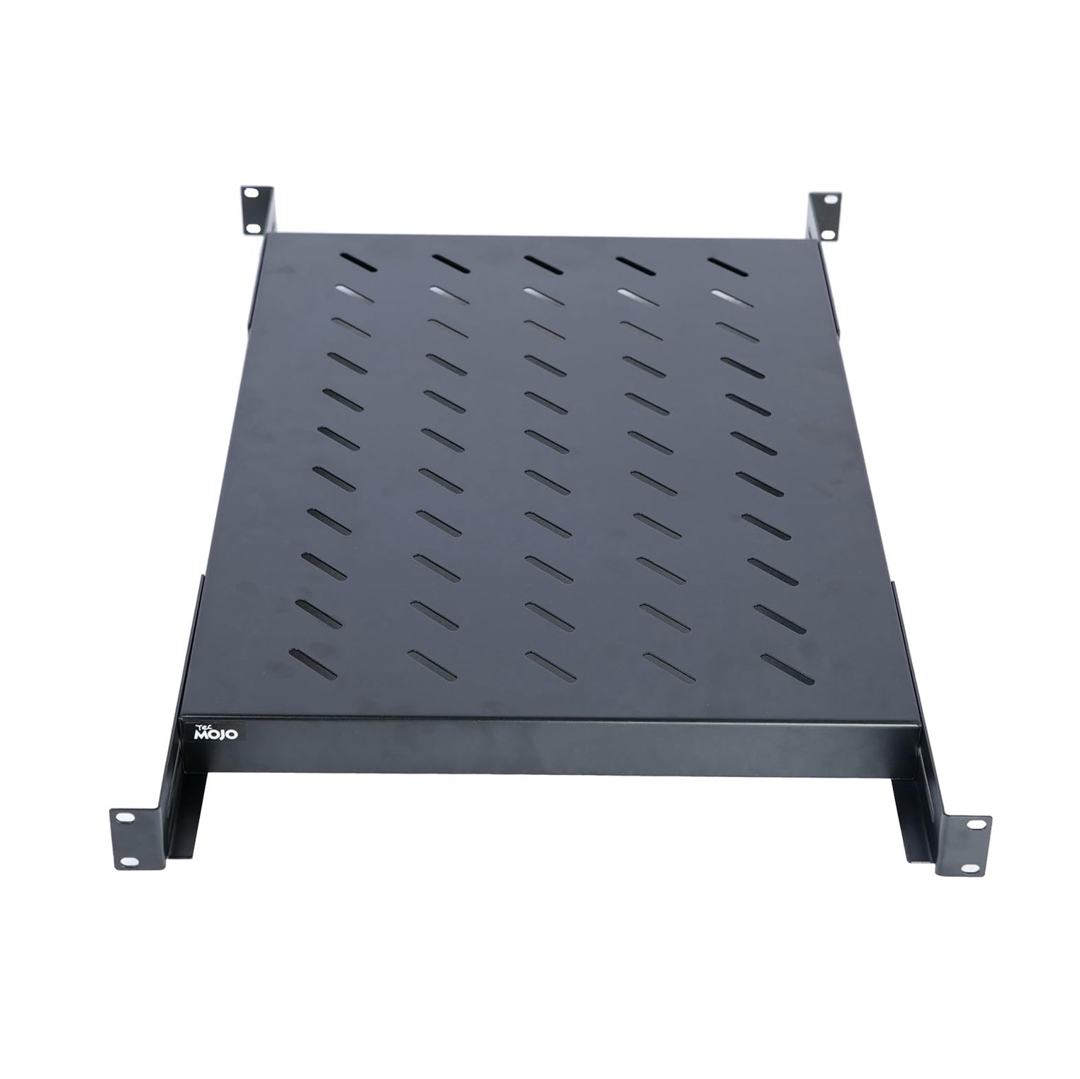 Universal Vented 4-Post Shelf Tray 24inch Deep, Adjustable, Black, 1U, 242 lbs, Cold Rolled Steel, for IT Data Network Cabinet Rack Enclosure