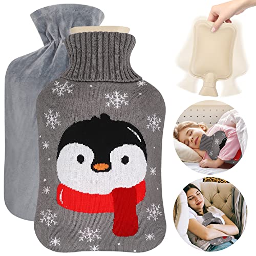 Bouillotte 2L, FRECOO Bouillotte en Caoutchouc Naturel Anti-fuite Bouteille d'eau Chaude avec 2 Housse Douce , Bouillotte Eau Chaude pour Soulagement de la Douleur, Dos, Cou et Épaules(Pingouin) Cover