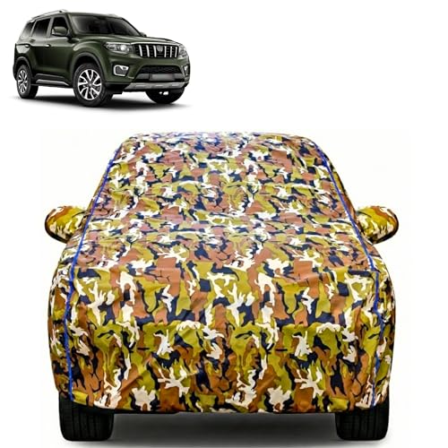 Image of Waterproof Car Body Cover for Mahindra Scorpio N with Mirror Pocket| Cotton Inner Lining | Triple Stitched | All Weather Protection | Dust, UV & Rain Proof (Camouflage with Blue Piping)